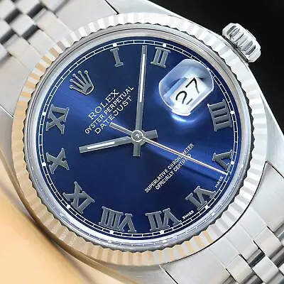 Mens Rolex Datejust 16014 Blue Roman 18k White Gold & Stainless Steel Watch • $4799