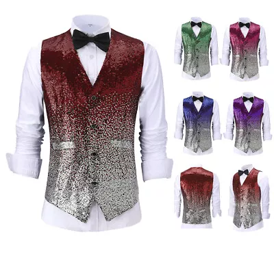 Mens Formal Gradient Sequined Suit Vest Classic Fit Waistcoat V-neck For Wedding • $32.98