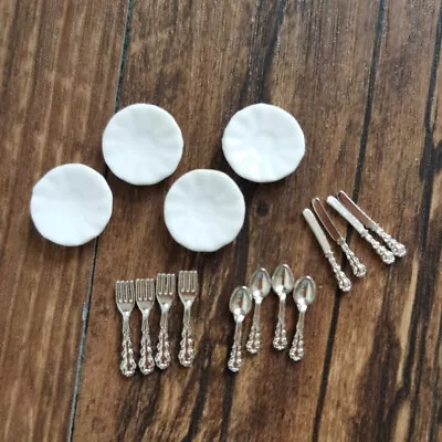 16PC Dollhouse Miniature 1:12 Scale White Plates Knifes Fork Spoon Kit Tableware • $5.79