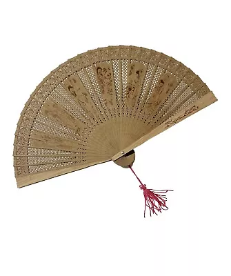 Chinese Wooden Folding Sandalwood Fan Etched Ladies Design W/ Tassel • $59.95