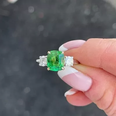 Green Tsavorite Ring Sterling Silver Cushion Cut Tsavorite Gemstone Wedding Ring • $101.02