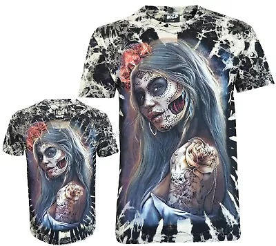 Tie Dye T-Shirt Woman With Day Of The Dead La Catrina Tattoo Glow InDark By Wild • £15.95