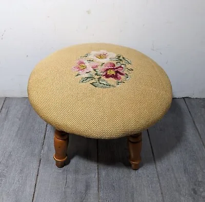 Vintage Victorian Floral Round Needlepoint Sewing Stool Footstool Wood Legs • $63