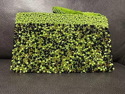 Stunning Beaded Lime Green & Black Purse Multicolor Wristlet Lined Zippered Bag • £15