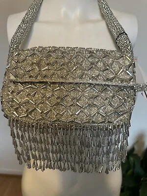 Zara Beaded Occasion Shoulder Bag With Fringing - Silver  - New • £50