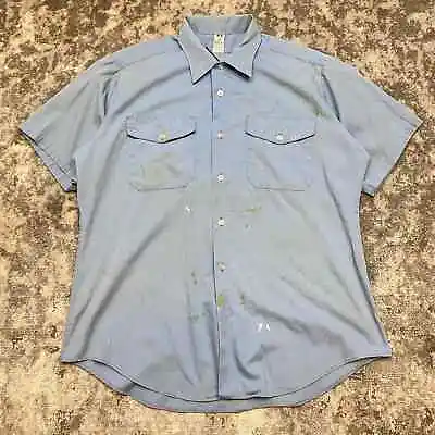 Vintage 70s Flying Cross Button Up Short Sleeve Work Shirt XL Distressed Poplin • $25