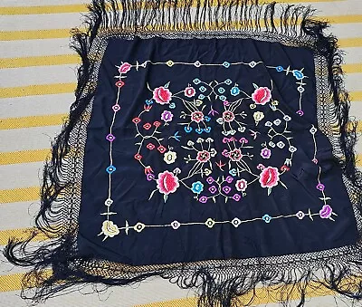 Vintage Shawl Piano Manton De Manila FLORAL Black 100% Silk Hand Embroidered  • $250