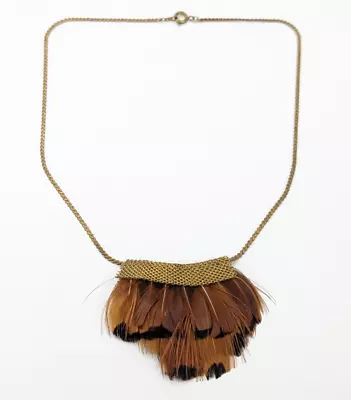 Vintage Bird Feathers Pendant Brass Chain Choker Necklace 16.5  Long • $19.99