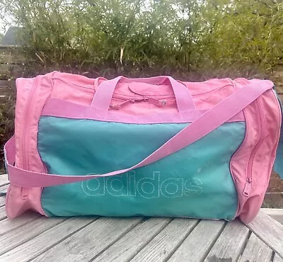 Vintage ADIDAS Large Duffle Bag Gym Travel 90s Pink Teal Blue Nylon • $42