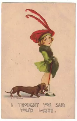 1914 Art PC: Girl With Large Red Feathered Hat Walking A Dachshund - A/s: Kemble • $9.95