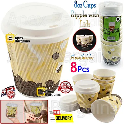 8pcs Ripple Cups With Lids Paper Disposable Tea Coffee Takeaway Hot Drinks - 8oz • £6.44