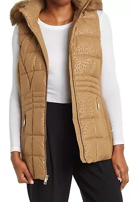 Michael Kors Women's Faux Fur Trim Hood Quilted Puffer Vest Husk Leopard Size XS • $79.99