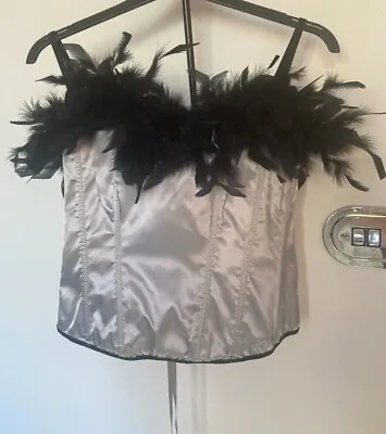 £10 • Buy Striking Silver Black Feathered Bustier Boned Bodice Evening Wear Size 16 - 18