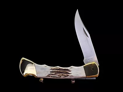 Vintage 1987 Buck 110 Stag Folding Lockback Hunter Knife Finger Grooves • $87