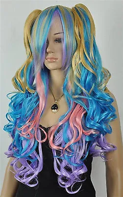 NEW Gothic Lolita Wig + 2 Pig Tails Set Pastel Rainbow Mix Blend Cosplay • £22.20