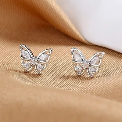 925 Sterling Silver Crystal Butterfly Stud Earrings Womens Girls Jewellery Gift • £3.49