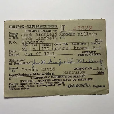 Vintage 1941 Sandusky Ohio Operator's Driver's License - Violation Record • $20.23