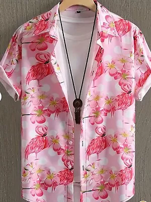 Pink Flamingo Fun Button Up Beach Hawaiian Shirt Vacation Cruise Party XXL • $19.99