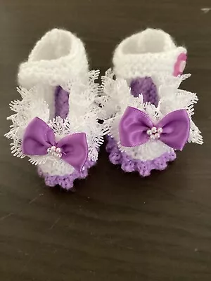 Hand Knitted Lace Baby Shoes 0 - 3 Months White And Purple Party Shoes • £3.75