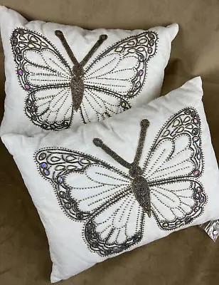 New KIM SEYBERT Beaded 100% Duck Feather Butterfly Throw Pillows 12x16~ Set Of 2 • $84.99