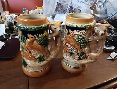 2 VTG Ceramic German Style Beer Stein Mug Fox Handle Deer Hunter  Japan Germany  • $23