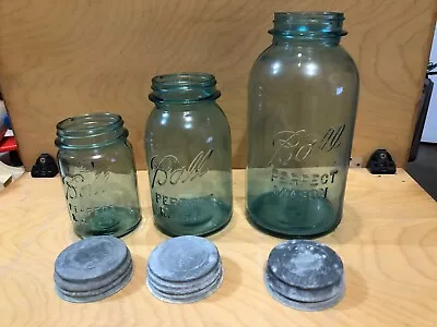 Lot (3) Different Ball Vintage Blue Mason Jars Pint Quart 1/2 Gallon Zinc Lids • $24.99