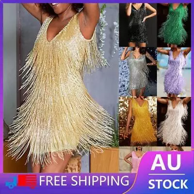 V Neck Glitter Fringe Dress Vintage Style Women Backless Slim Fit Party Clothing • $24.09