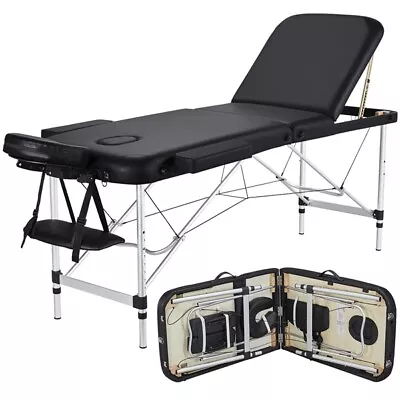 84in Portable Massage Table Aluminium 3 Fold Lashing Table Bed Adjustable Black • $114.99