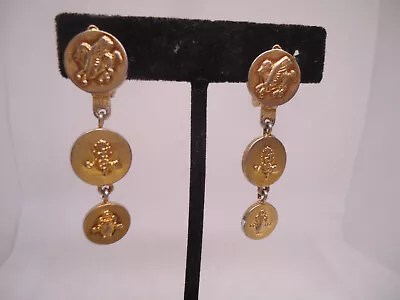 Monet Vtg Gold Tone Dangle Pegasus Floral Disc Earrings • $10