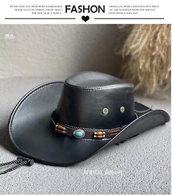 Mens Faux Leather Fashion Bucket Cap Cowboy Fedora Hat Wide Brim  Outdoor Hats U • $13.95