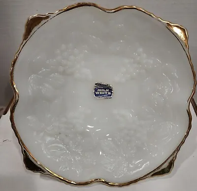 Vintage Milk Glass Footed Bowl With Gold Rim Trim Anchor Hocking Grapes Leaves • $8.99