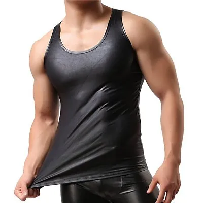 $5.27 • Buy Mens Wet Look Faux Leather Undershirt Tank Tops Vest Sleeveless T-Shirt Crop Top