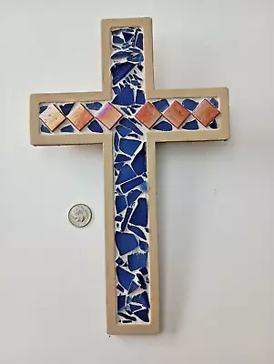 Cross Mosaic Art Gift Of Religious Hand Made Mosaic Navy Glass With Red Accent • $29.99