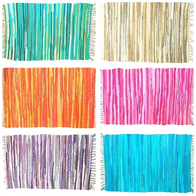 Indian Chic Rag Rug Coloured  Fringe Recycled Chindi Flat Weave Mat 60x90 Cms UK • £9.99