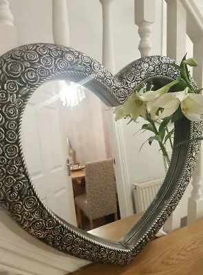 Large Heart Wall Mirror Ornate Antique Lounge Hall Silver French Rose 67x58cm • £34.99