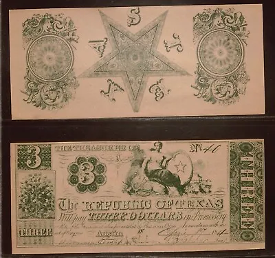 Republic Of Texas $3 Three Dollar Bill Paper Money (1960's REPRODUCTIONS) • $2.50