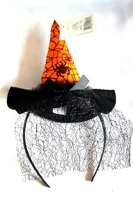 Tiny Witch Hat  On Headband Orange Veil Spider Web Halloween Costume Accessory • $6.34