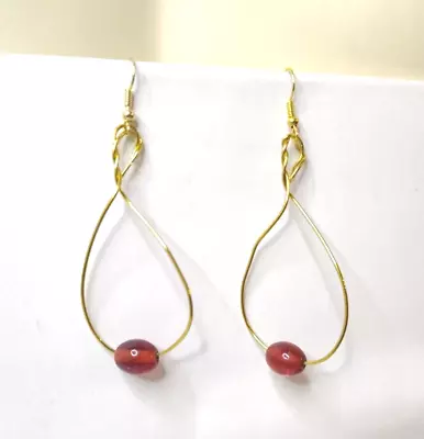 Vintage Gold Wire Earrings Red Bead Drop Dangle Hook • $4.95