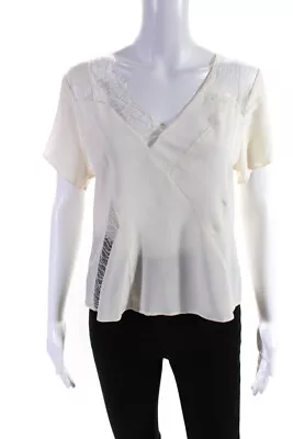 Madison Marcus Womens Lace Trim V Neck Short Sleeve Top Blouse White Size Medium • $2.99