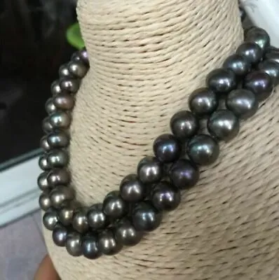 Double Strands 10mm AAA+ BLACK SOUTH SEA  Pearl Necklace 18 19  14K Gold • $99.99