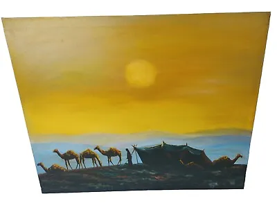 Vintage Oil Painting Middle East Camels Tents Desert 18x21 Beautiful  • $99