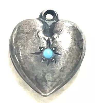 Vtg Antique Sterling Silver Puffy Heart Charm RARE TINY TURQUOISE ART NOUVEAU • $15