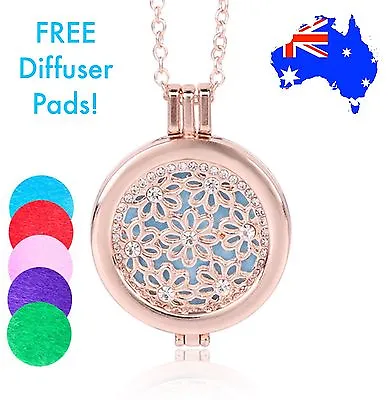 Rose Gold Flower Diamanté Crystals Aromatherapy Essential Oil Diffuser Necklace • $15.50