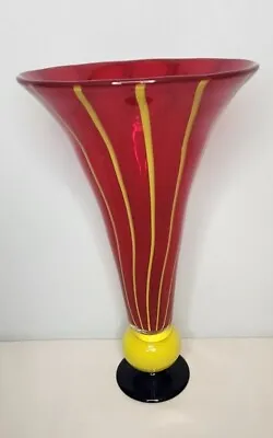 Vtg? 14  Murano Style Art Glass Tulip Trumpet Vase Hand Blown Cobalt Yellow Red • $67.95