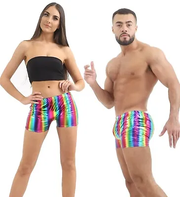 Unisex Shiny Metallic Shorts Wet Look Shiny Stretchable Rainbow LGBTQA Hot Pants • £5.25
