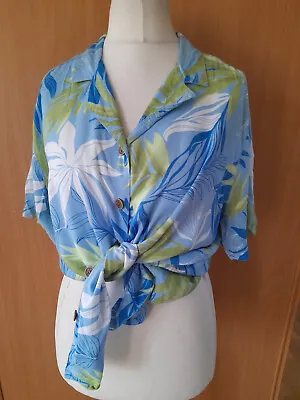 £12 • Buy Blue White & Green Hawaiian Tropical Print Blouse Shirt L 14 16 Tiki Rockabilly