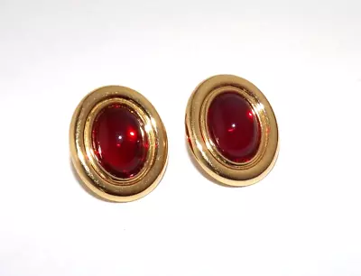 Vintage MONET Red Glass Cabochon Gold Tone Earrings Pierced • $39.99