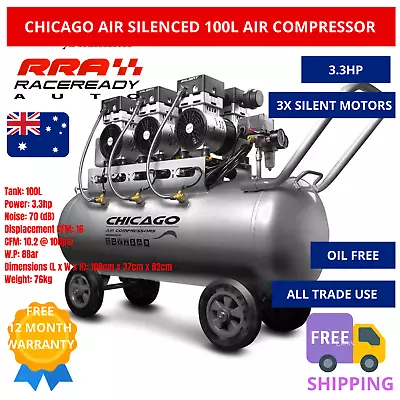 Chicago Air Compressor 100L HUSH100 3x Silent Motors Pressure Regulator Pump Tan • $1946.94