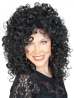 Cher Wig 80s Music Star Black Curly Perm Womens Ladies Fancy Dress Costume 80's • $22