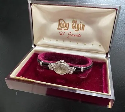 Ladies Vintage Elgin 14K White Gold Diamond Watch With Box • $475